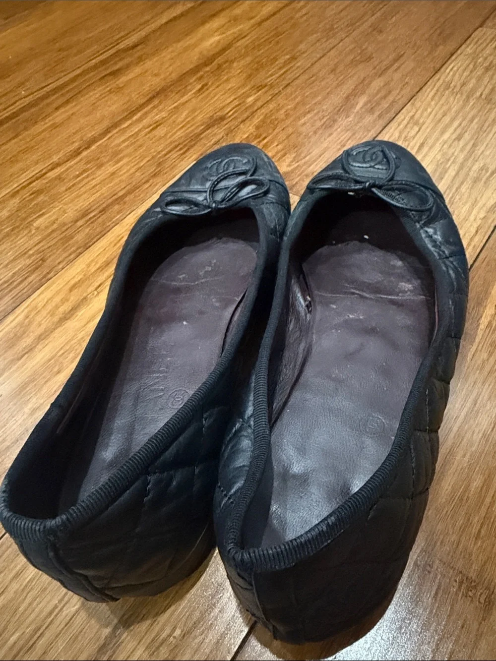 Chanel Size 37.5 Black Aged Calfskin Ballerina Flats
